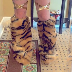 Furry Leg Warmer Boot Covers - Tiger Print - For Halloween or Rave